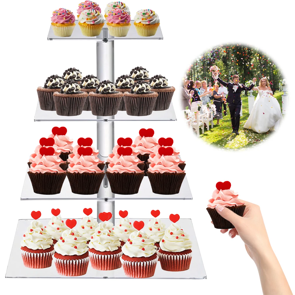 3/4 Tier Acrylic Cupcake Tower Stand with LED Light Square Display Stand Multifunctional Cake Serving Platter for Party Decor