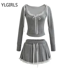 Casual Knit Women's Set Hooded Crop Tops and Lace Elastic Waist Pleated Mini Skirts Suits 2024 Baddie Vacation Outfits