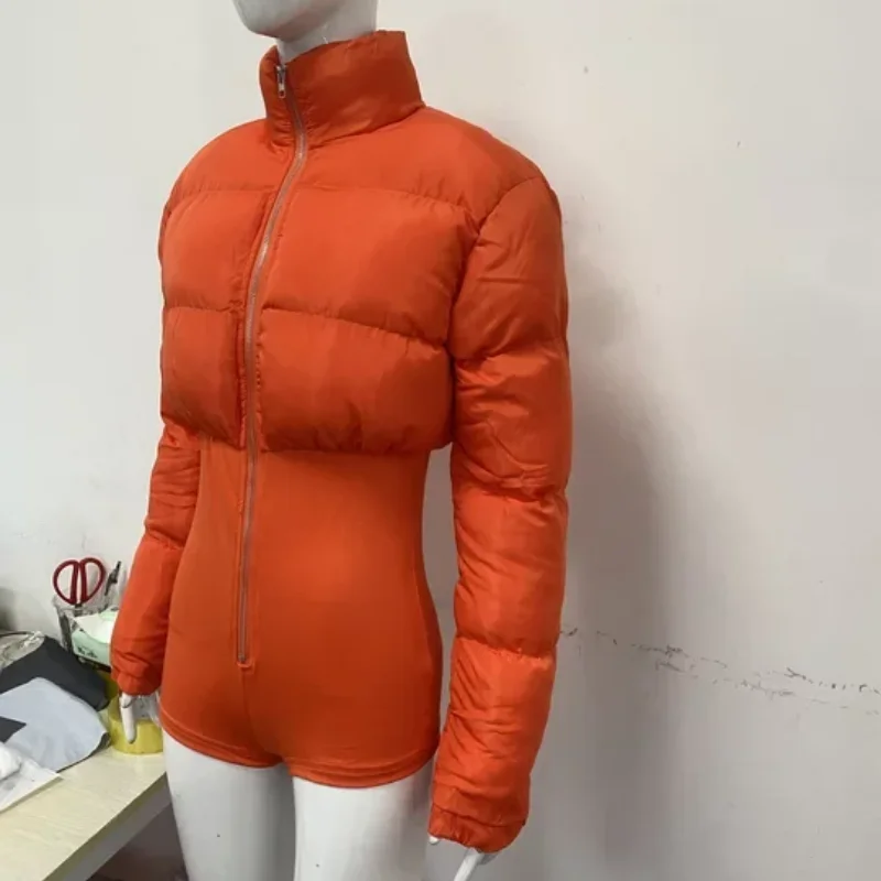 

Winter Street Fashionable Warm Cotton Clothing Solid Conjoined Elastic Tight Zipper Conjoined Shorts European American Wom Coat