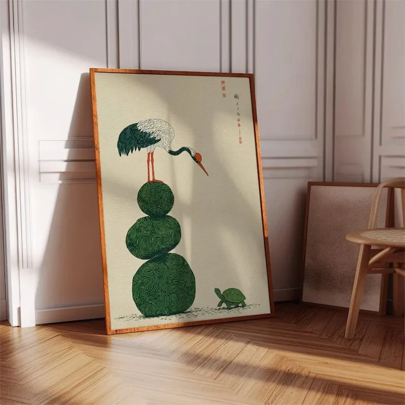 1 Stück Leinwandgemälde ohne Rahmen, Kranich- und Schildkröten-Wandkunstdruck, japanisches Symbolik-Poster, minimalistische Naturillustration, rahmenlos