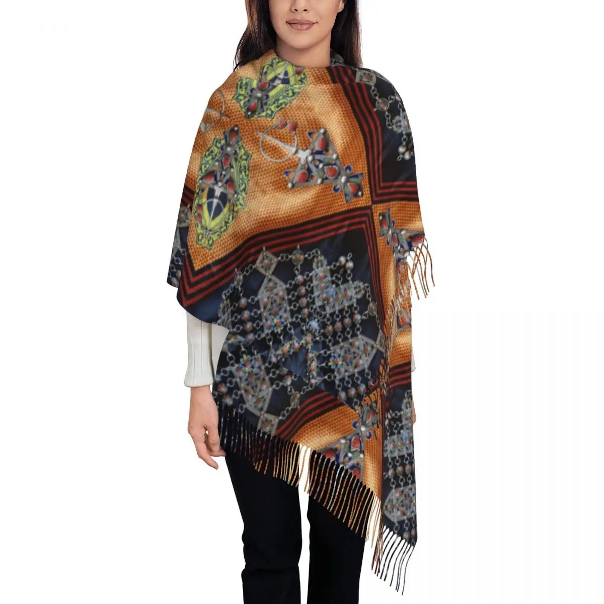 

Женские большие африканские ювелирные изделия Кабуль, ковровые шарфы, женские зимне-осенние мягкие теплые шаль с кисточками, марокканский геометрический шарф