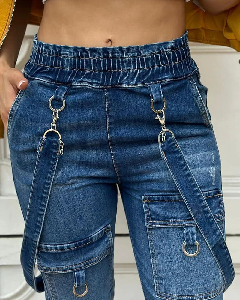 O-Ring Decor Pocket Design Denim Suspender Jumpsuit