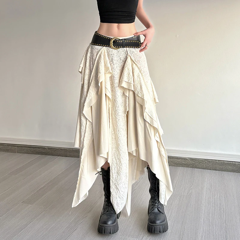 MEXZT Y2K Asymmetrical Midi Skirt Women Harajuku Lace Patchwork Skirts Fashion Grunge Streetwear Sexy Low Waist A Line Faldas