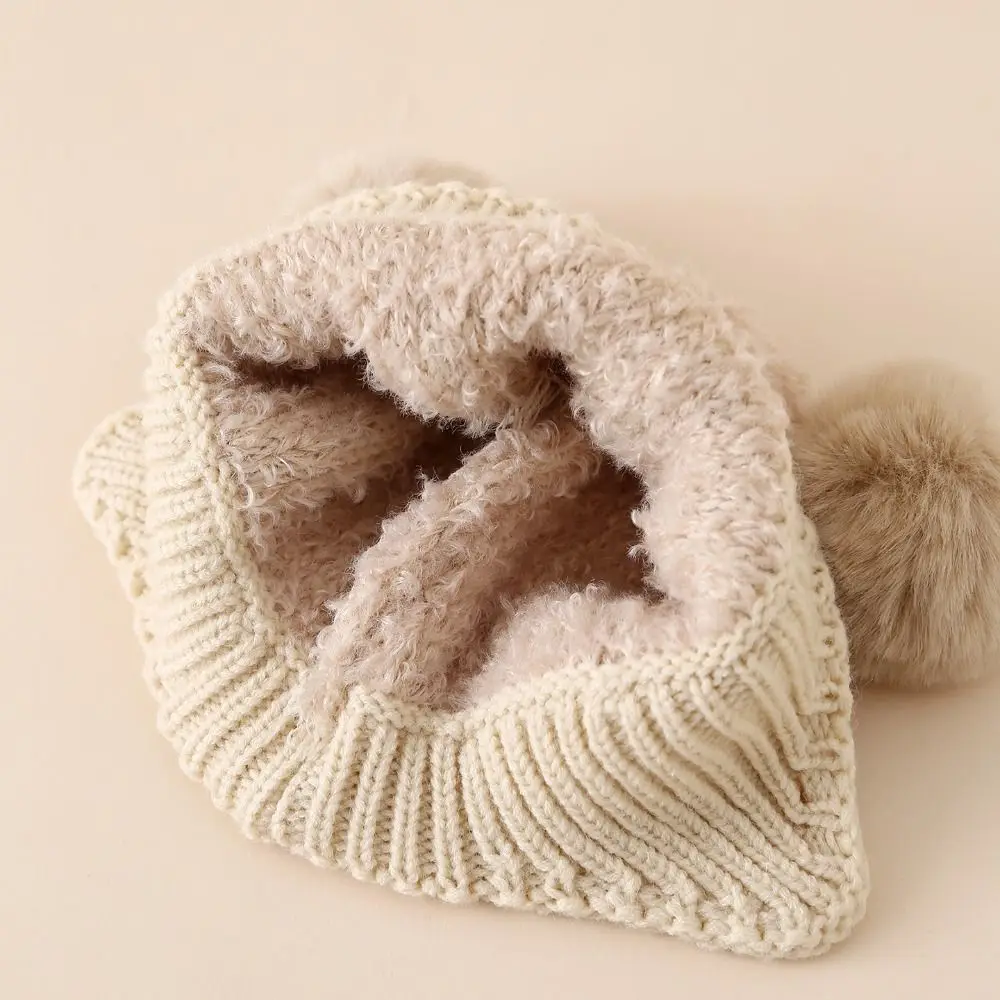 ダブルポンポン ダブルヘアボール ベビーハット ニット 暖かいポンポンハット 無地 防風ビーニーキャップ 男の子用