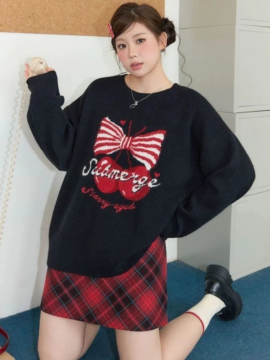 

Bow Cherry Knitted Sweater Women Xmas Autumn Winter Warm Long Sleeve Casual Loose Pullover Top