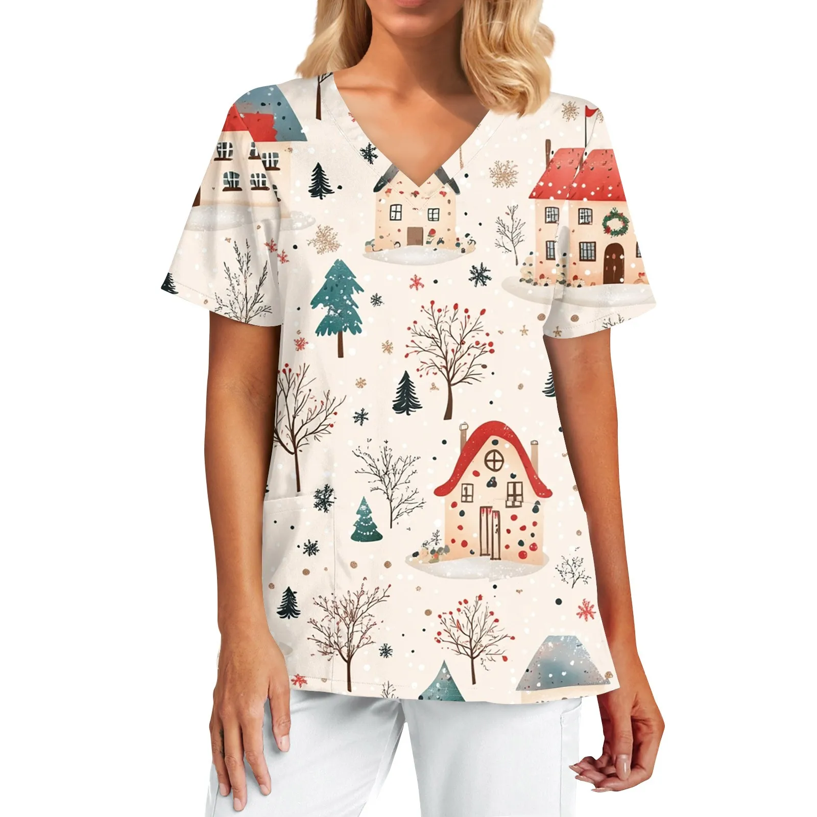 Sanitary Uniform Woman Cute Santa Claus Prints V-Neck Short Sleeve Pockets In Micro-Elastic Material Tops Clinical Uniforms