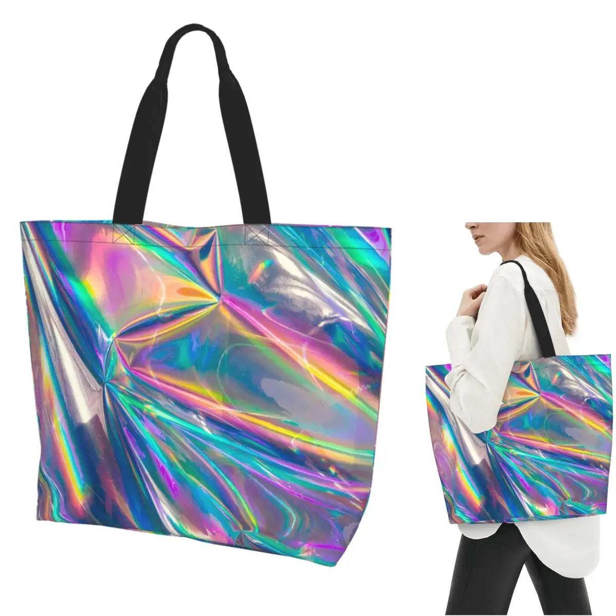 

Голографическая сумка-тоут для покупок, парусиновая сумка на плечо большой вместимости, продуктовая сумка-шоппер для женщин