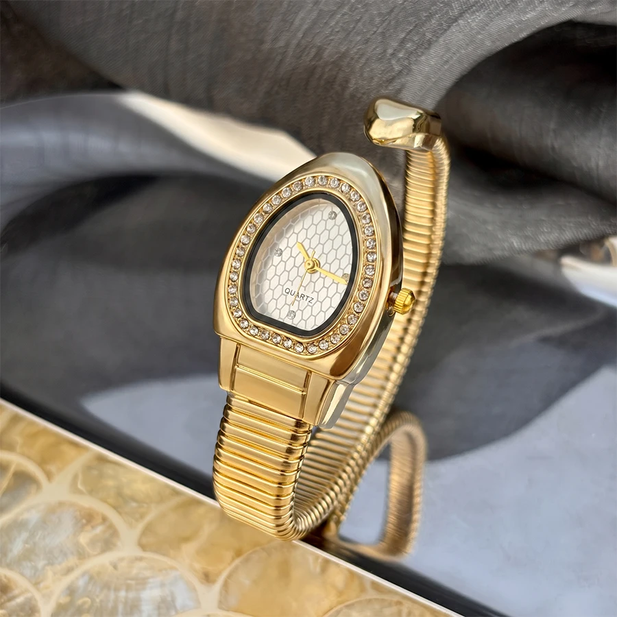 Ladies Watch: Honeycomb Bullet Texture Dial Single-Coil Snake Bangle Luxe Futuristic Statement Timepiece