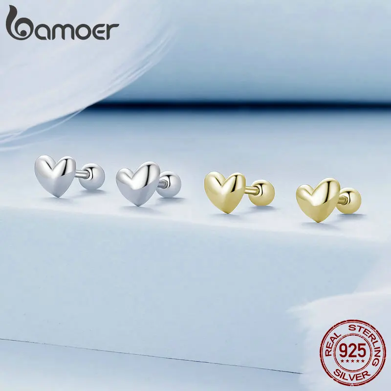 BAMOER 925 Sterling Silver Mini Heart Stud Earrings Platinum Plated Simple Glossy Earrings for Women Sweet Fine Jewelry Gift