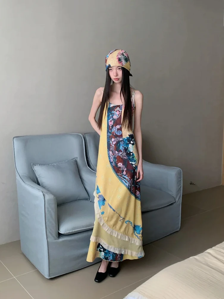 CHEERART Boho Vintage jaune robe longue à fleurs pour femme 2025 été dentelle Patchwork une ligne Maxi robe de vacances tenues de vacances