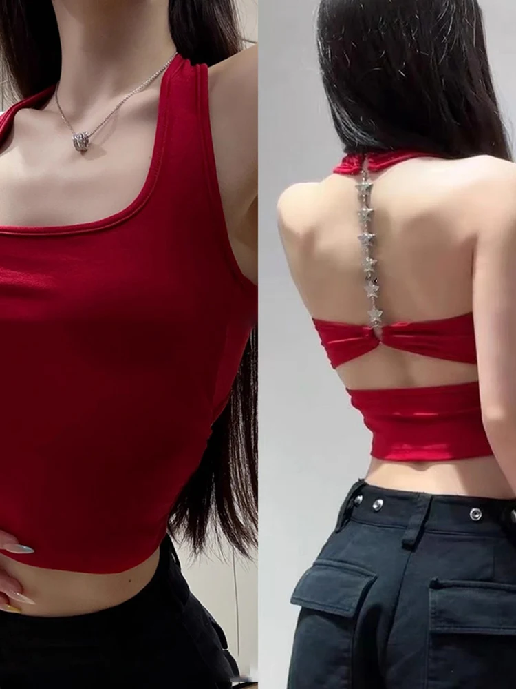 Solid Color Chain Hanging Neck Backless Camisole Vest Sexy Fashionable Temperament Short Top Summer New Women's Top 2025