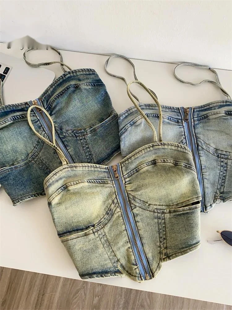 

Distressed Sensual Denim Camisole Sleeveless Zipper Spicy Girl Summer Tops Women American Retro Hollow Out Tank Top