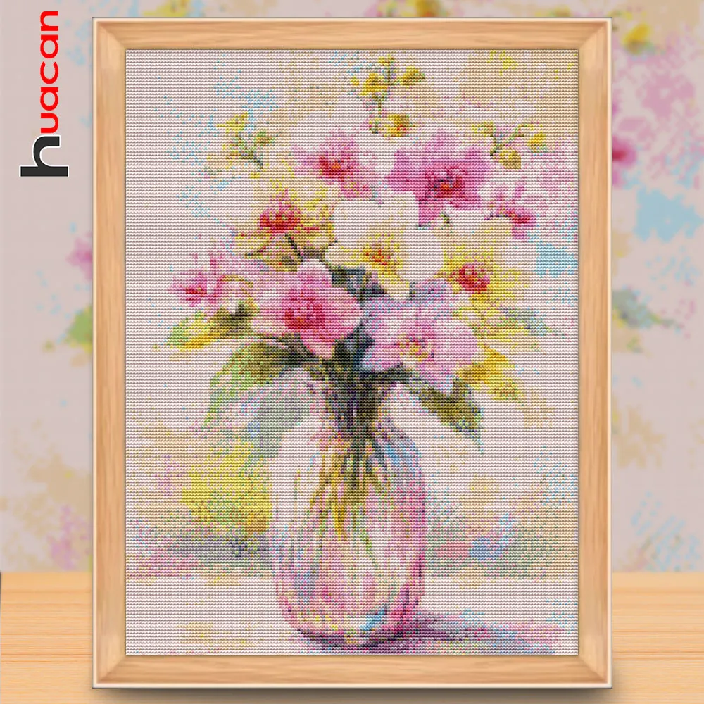 Huacan New Cross Stitch Butterfly Orchid Glass Vase 11ct Needlework Full Embroidery Flower Printed Canvas Handmade Gift