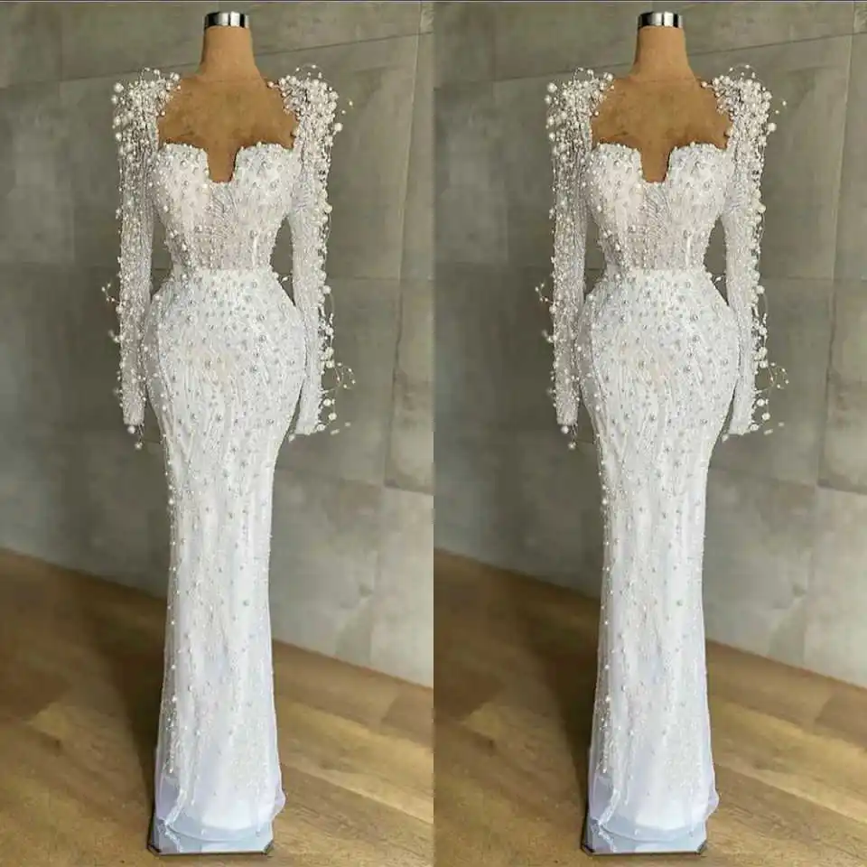 

Luxury Mermaid Wedding Dress Beaded Pearls Sweetheart Neck Bride Gowns Illusion Beading Long Sleeve Bridal Dresses Customized