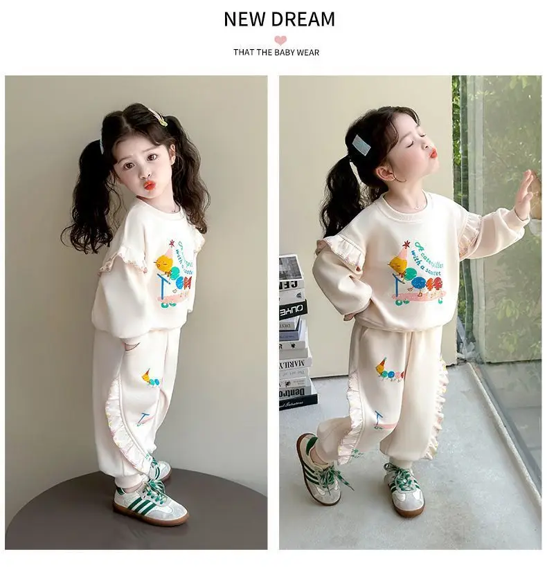 1-8 Jahre Kinder Mädchen Beige Hosen-Sets Cartoon-Muster Langarm Lose Geraffte Pullover-Hoodies + Elastische Taille Weite Hosen 2-teilige Sets – Detail 15