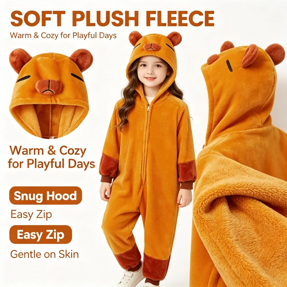 Children's Capybara Pajamas One Piece Hooded Jumpsuits Kids Kigurumi Oneises Winter Animal Cartoon Sleepwear Cosplay Pyjamas