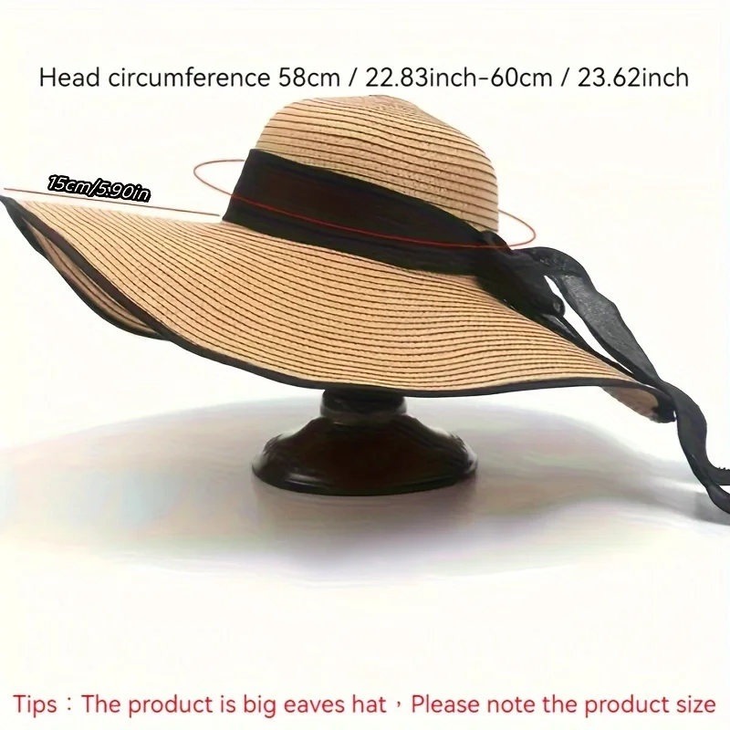1pc Outdoor Seaside Woman Fashion Big Bow Large Brimmed Sun Protection Cap Foldable Straw Hat Sombrero Panama Hat  Beach Hat