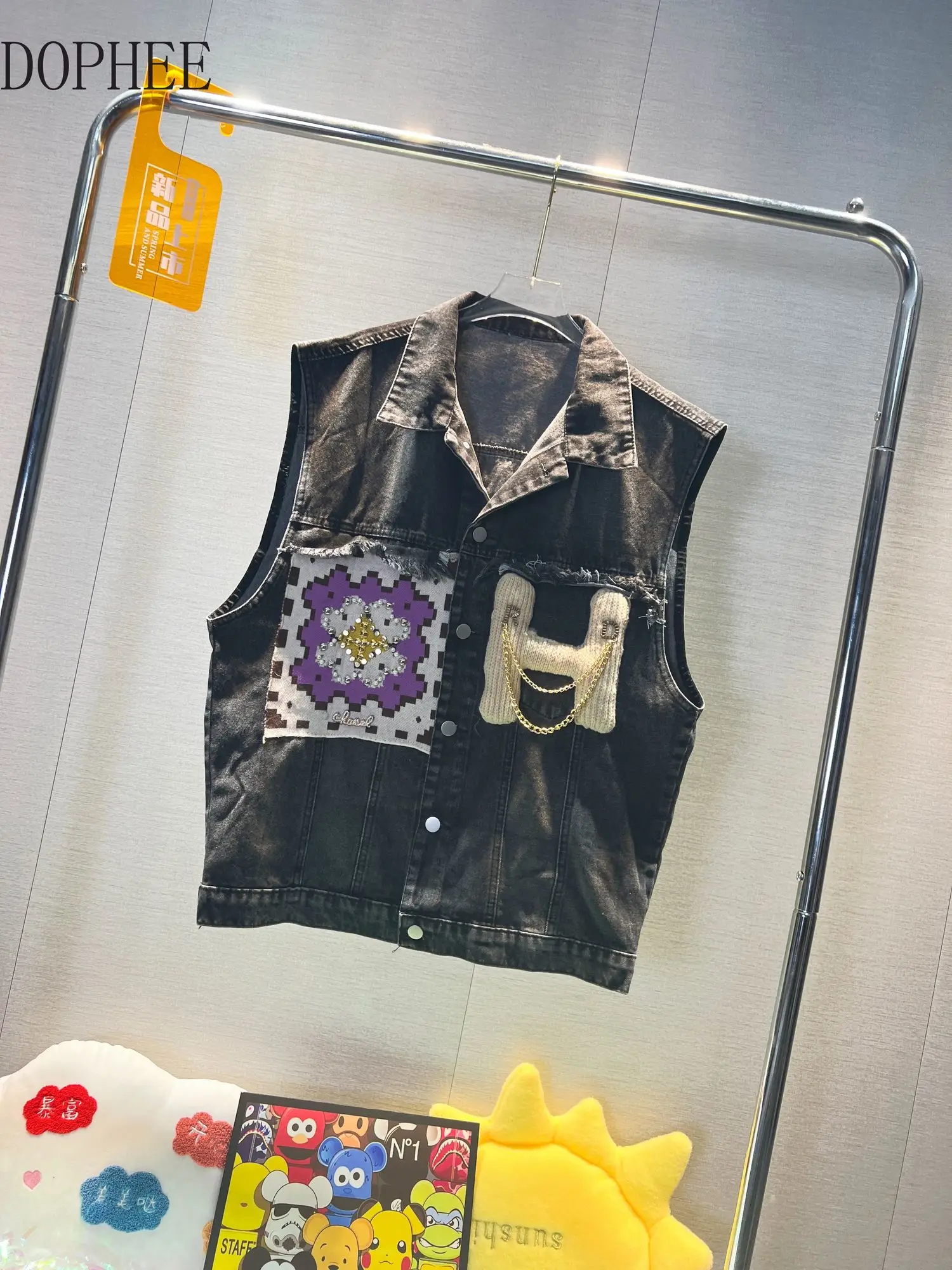 New Autumn 2023 Fashion Patchwork Knitted Letters Loose Waistcoat Sleeveless Denim Jacket Colorblock All-match Vests Jean Coat