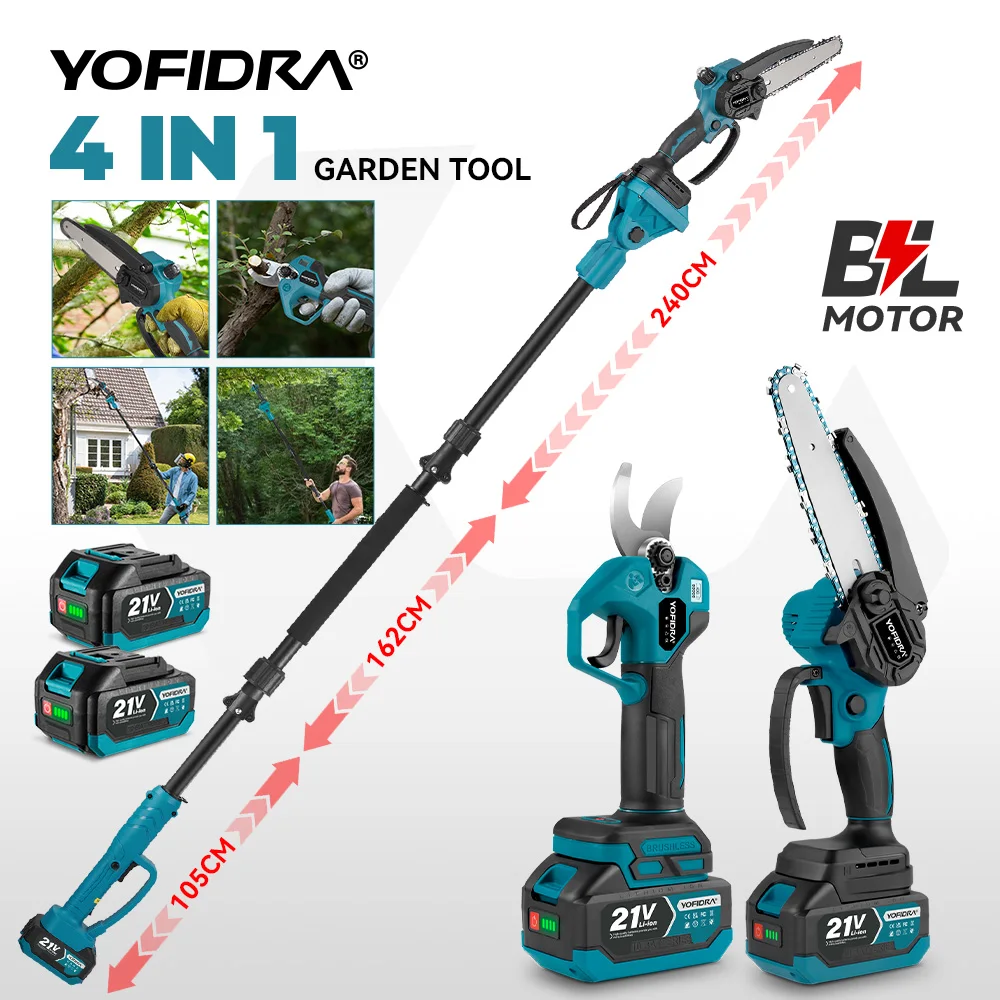 YOFIDRA 4-in-1 Bürstenlose Teleskopstange Elektrische Kettensäge Hochastschere Garten-Schneidwerkzeug für Makita-Akku