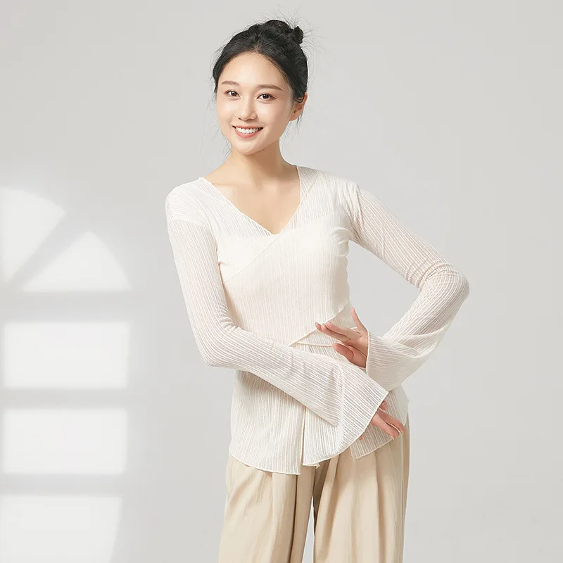 Abbigliamento da danza classica, pratica del corpo, abbigliamento per rima del corpo, elegante camicia a rete, top a maniche lunghe, da donna