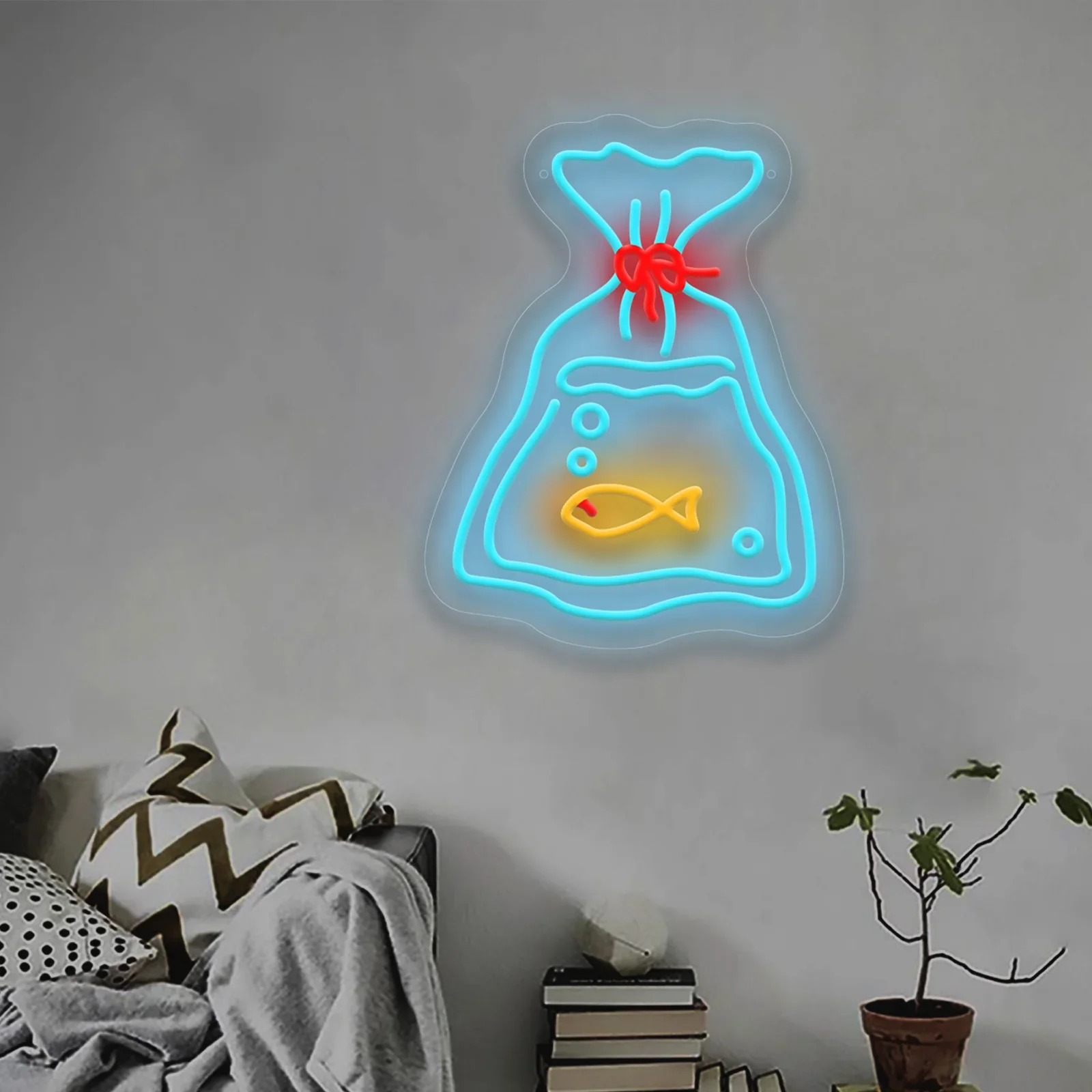 LED النيون علامة كيس الأسماك ضوء النيون لغرفة النوم غرفة الألعاب الرجال الكهف سوبر ماركت سوق الأسماك الصغيرة هدية لمحبي الأسماك USB الطاقة #3