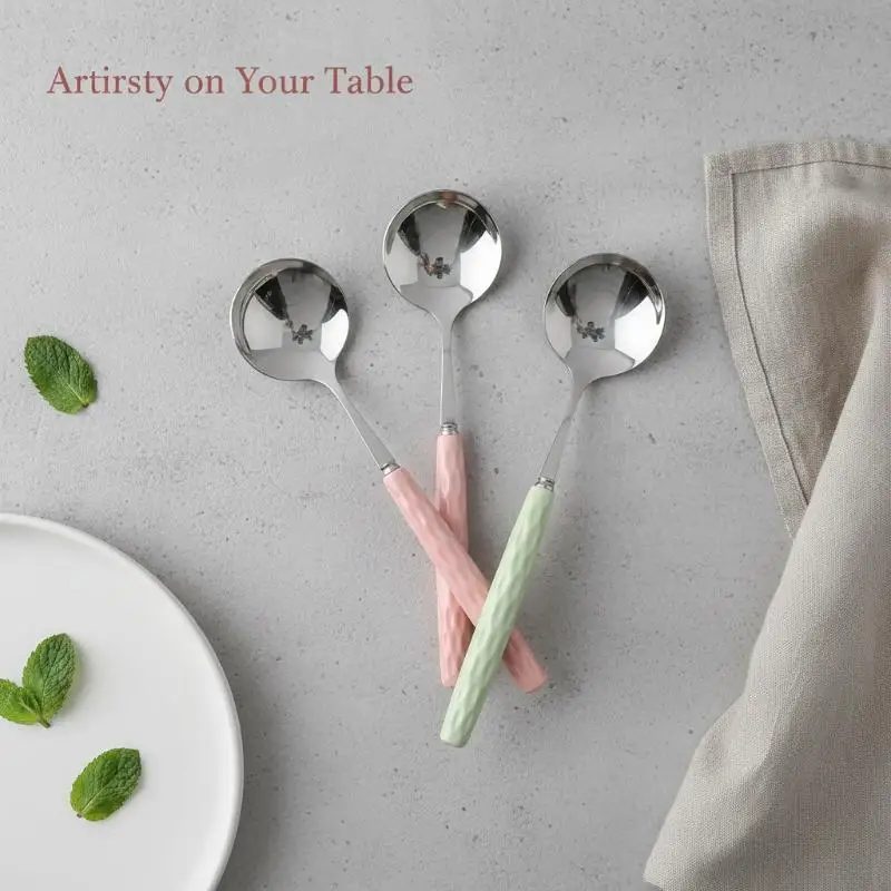 Stainless Steel Round Soup Spoons With Textured Handles And Mirror Polished Surface Perfect For Home Kitchen Daily Dining Desser