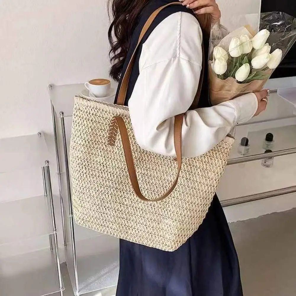 Bolso Tote de Rafia Tejida de Color Liso con Cremallera, Bolso de Playa Cuadrado de Gran Capacidad, Bolso de Hombro de Rafia para Primavera