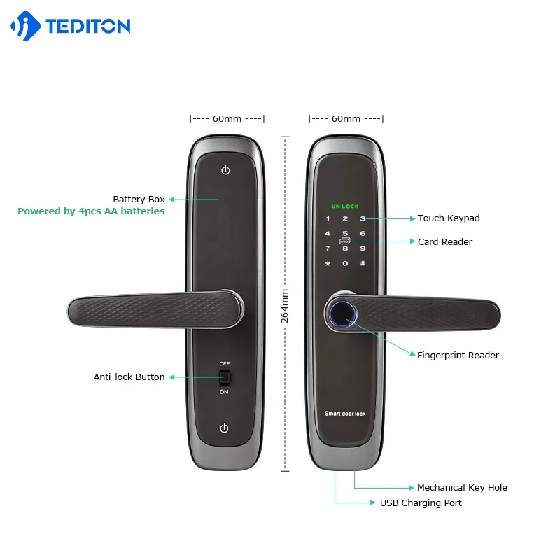 008 Tediton Tuya Kunci Pintu Pintar Harga Grosir Keamanan Rfid Digital Tuya WIFI Remote Control Kunci Pintar Sidik Jari