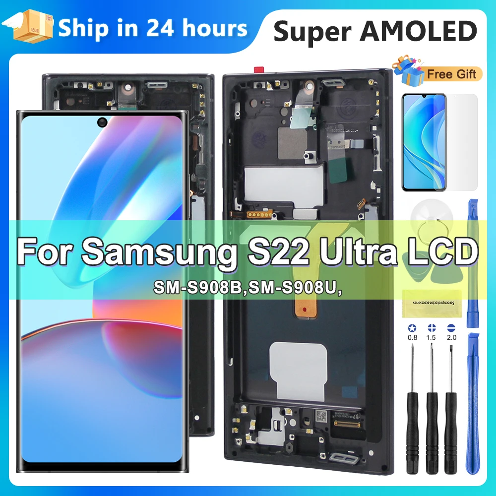 S22 Ultra Super AMOLED Screen for Samsung Galaxy S22 Ultra 5G S908B S908B/DS Lcd Display Digital Touch Screen with Frame Parts