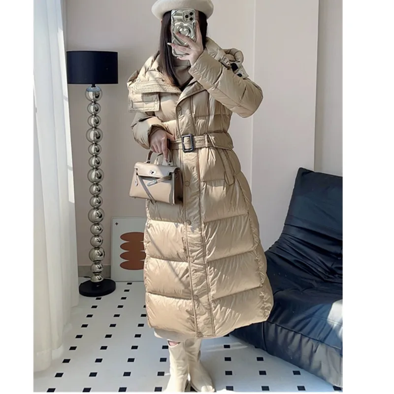 أسود 90% أسفل الأبيض بطة أسفل سترة 2025 شتاء موضة جديدة مزاجه سليم مقنعين أسفل معطف الإناث سترة دافئة معطف طويل