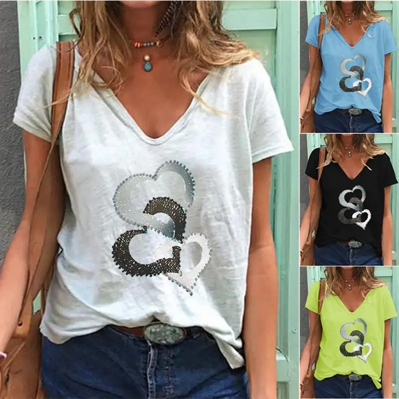 

Heart Print T-irt Collar Top ort Swedi irt Casual Sle Polyester Fiber Summer Faion Women's Tee