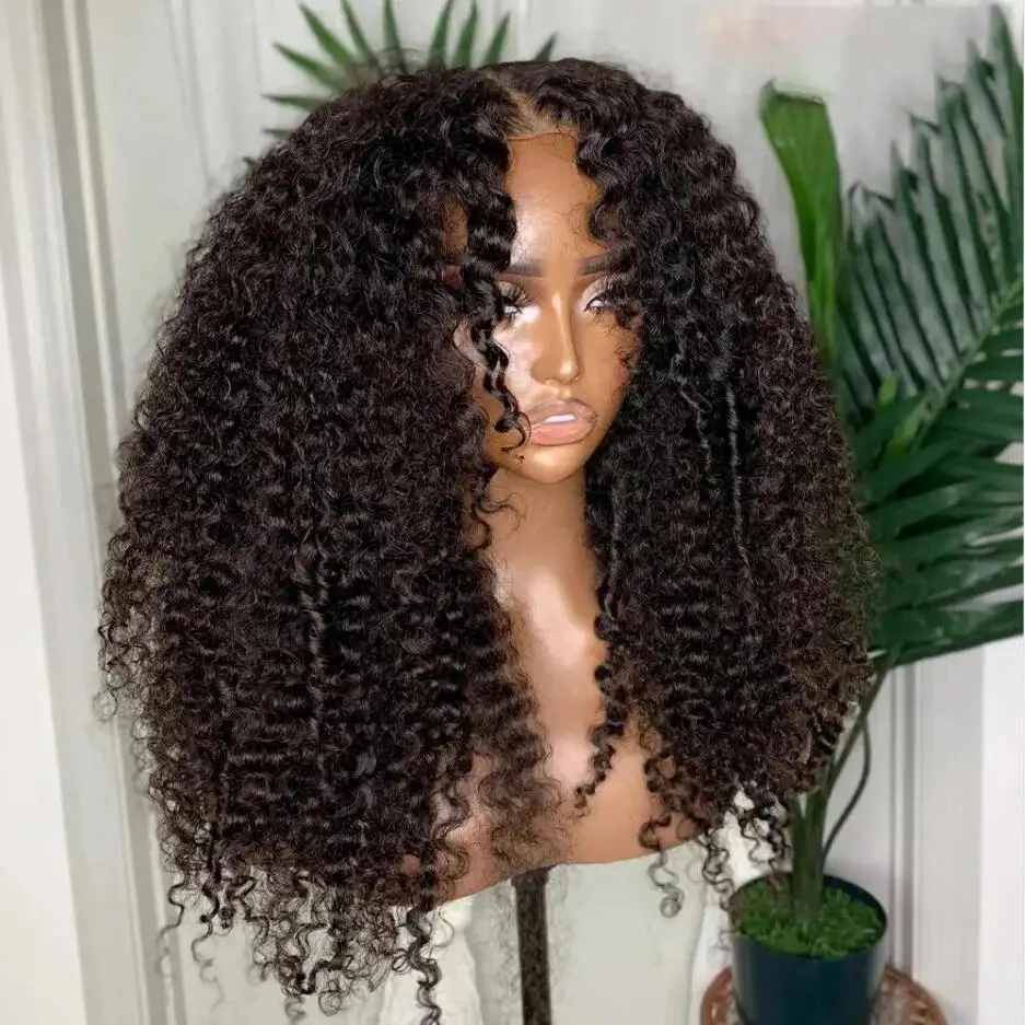 Peruca dianteira do laço longo Kinky Curly para mulheres, preto natural, cabelo do bebê, pré-arrancado, resistente ao calor, sem cola, diariamente, 180 densidade, 26"