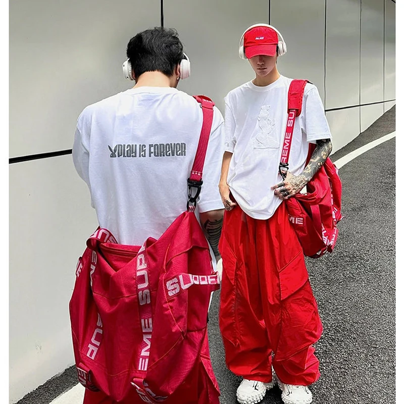 

Мужские летние рабочие брюки Red Dopane Street, с высокой талией, прямые, широкие, длинные, в стиле американского хип-хопа