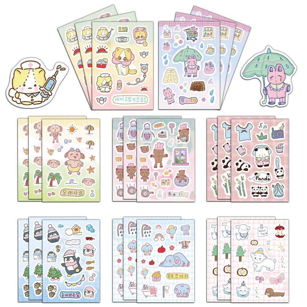 8PCS Cute Animals, Cats, Penguins, Elephants, Cartoon, Healing Series, Ins, Wind, Hand Account, Material Stickers