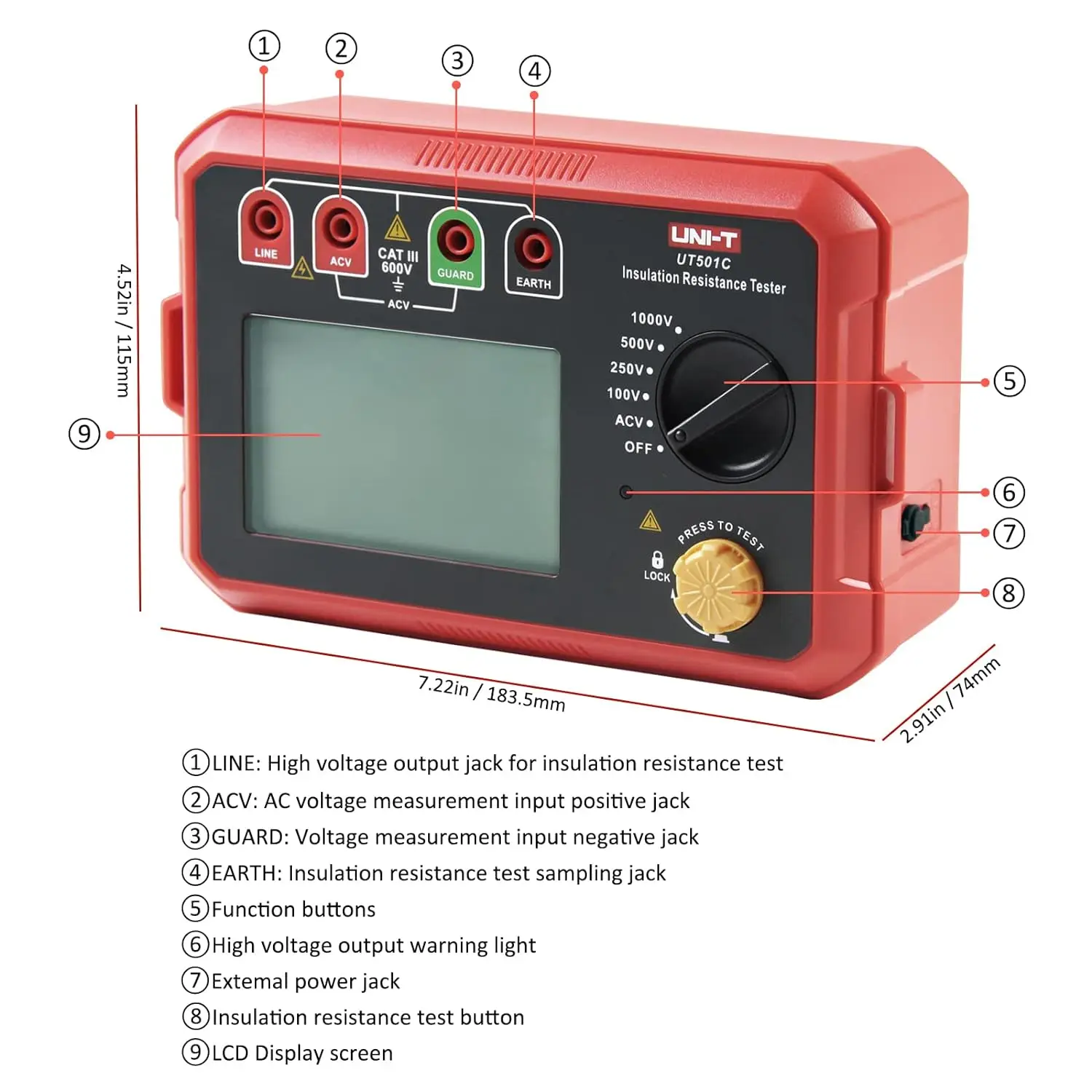 Insulation Resistance Tester, Ohm Meter, Voltmeter 0 to 40GΩ Meter Megohmmeter, Ground Resistance Tester 2000 Counts LCD Display