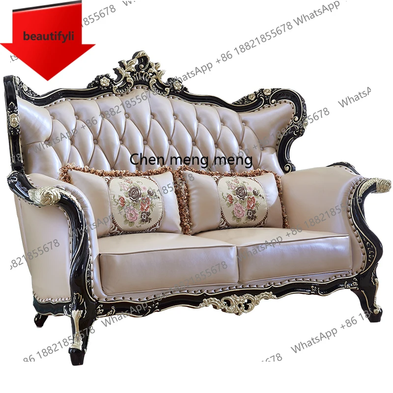 

X188 High-end villa solid wood leather European sofa combination living room light luxury ebony furniture