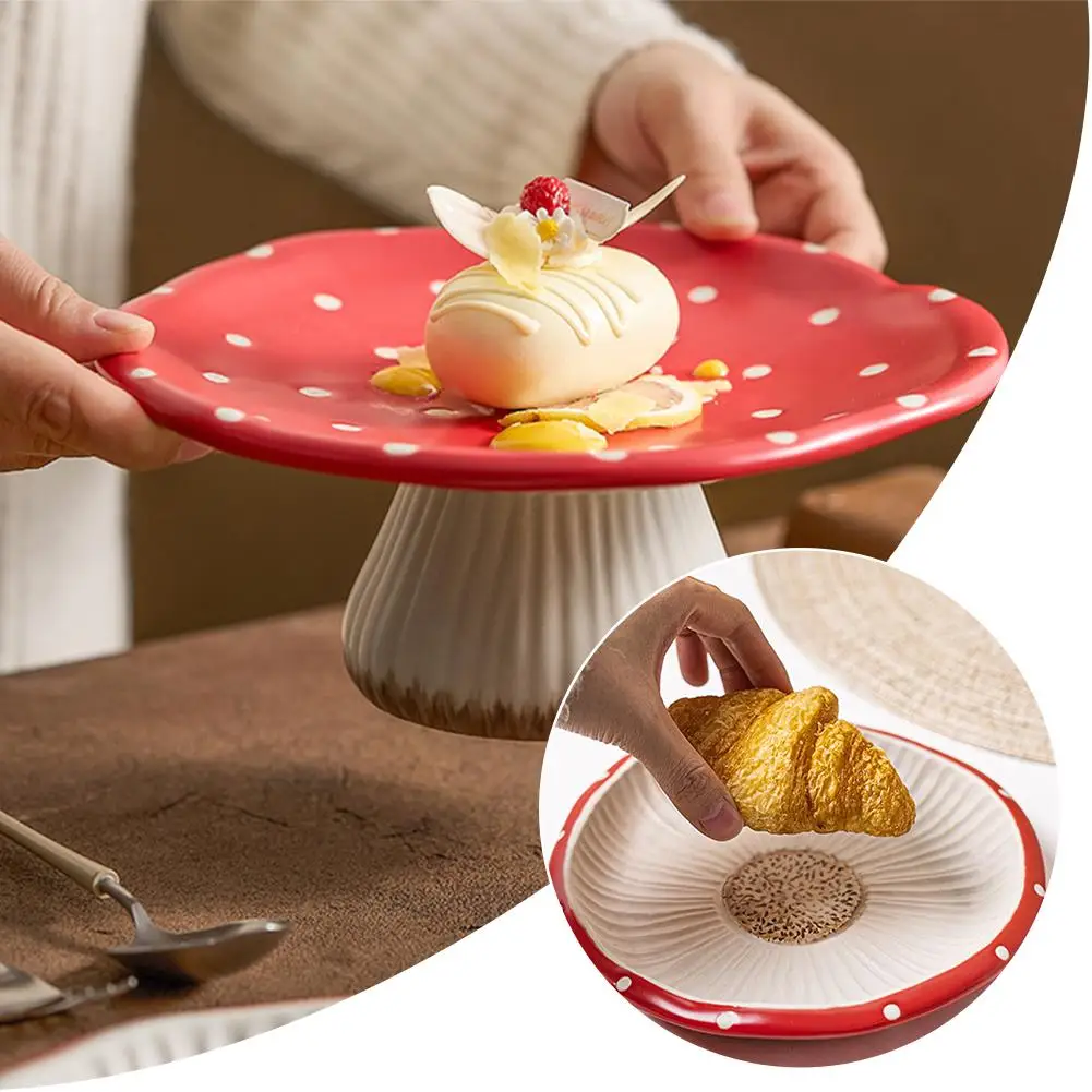 Red Mushroom Ceramic Plate New Cutlery Bowl High-looking Tea Food Afternoon Tray Plate Western Household Decorative Dessert S9K0