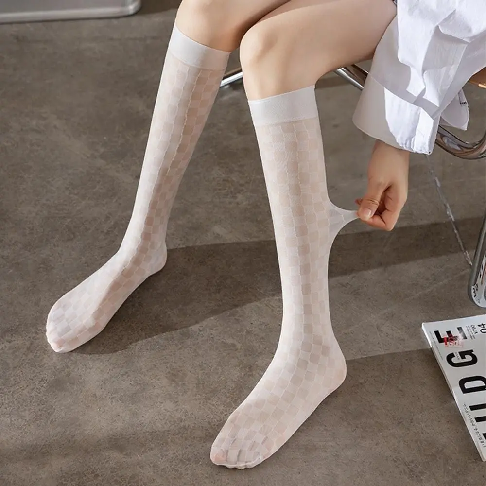 Sweet Diamond Check Long Socks for Women Slim British Style Calf Socks Long Tube Diamond-Shaped Socks Summer