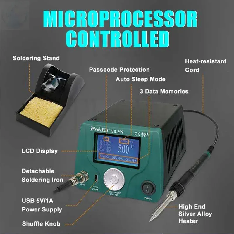 

Pro'sKit Soldering Station SS-259H 90W LCD Digital Intelligent Temperature Control 500℃ Anti-static Thermostat Iron Welding