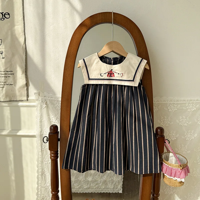 Children's clothing retro striped navy lapel western-style girls' dress circus sleeveless baby dress