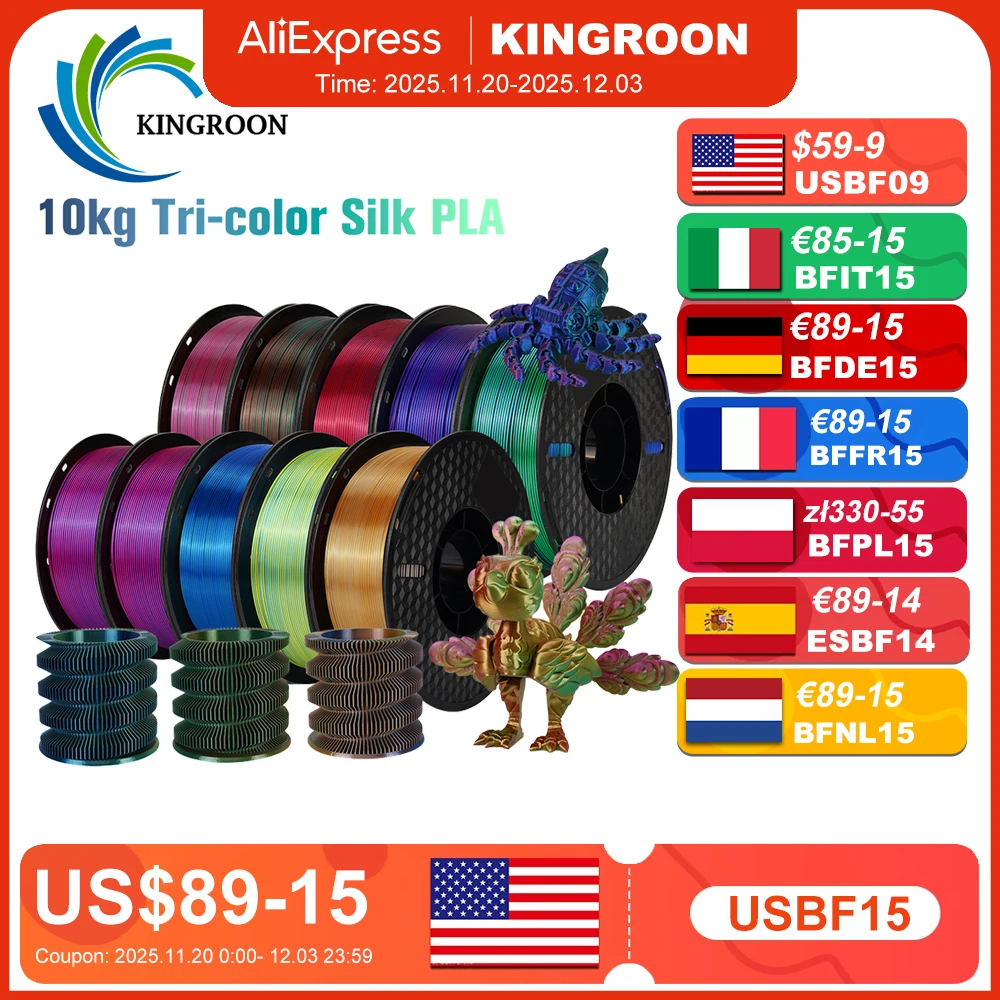 

KINGROON Silk Tri-color PLA Filament 3D Printer 1.75mm 1KG/roll Silk PLA Filament Plastic Material 3D Printing Special Color