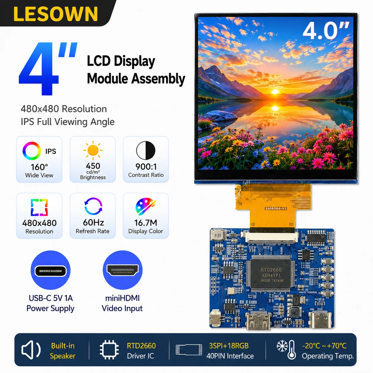 LESOWN 480x480 Monitor Unit Ready to Run 4" LCD Apparatus with Speaker and MiniHDTV Controller for Sub Display