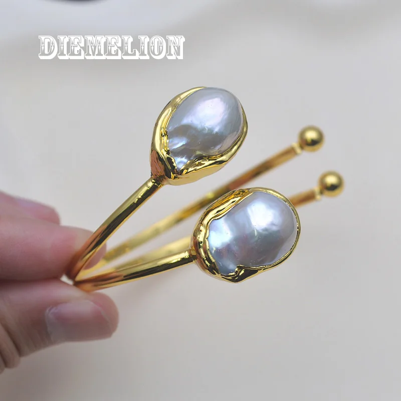

Unique Double Layer Natural Freshwater Irregular Baroque Pearl Open Bangles for Women Luxury 18K Gold Plated Fine Jewelry