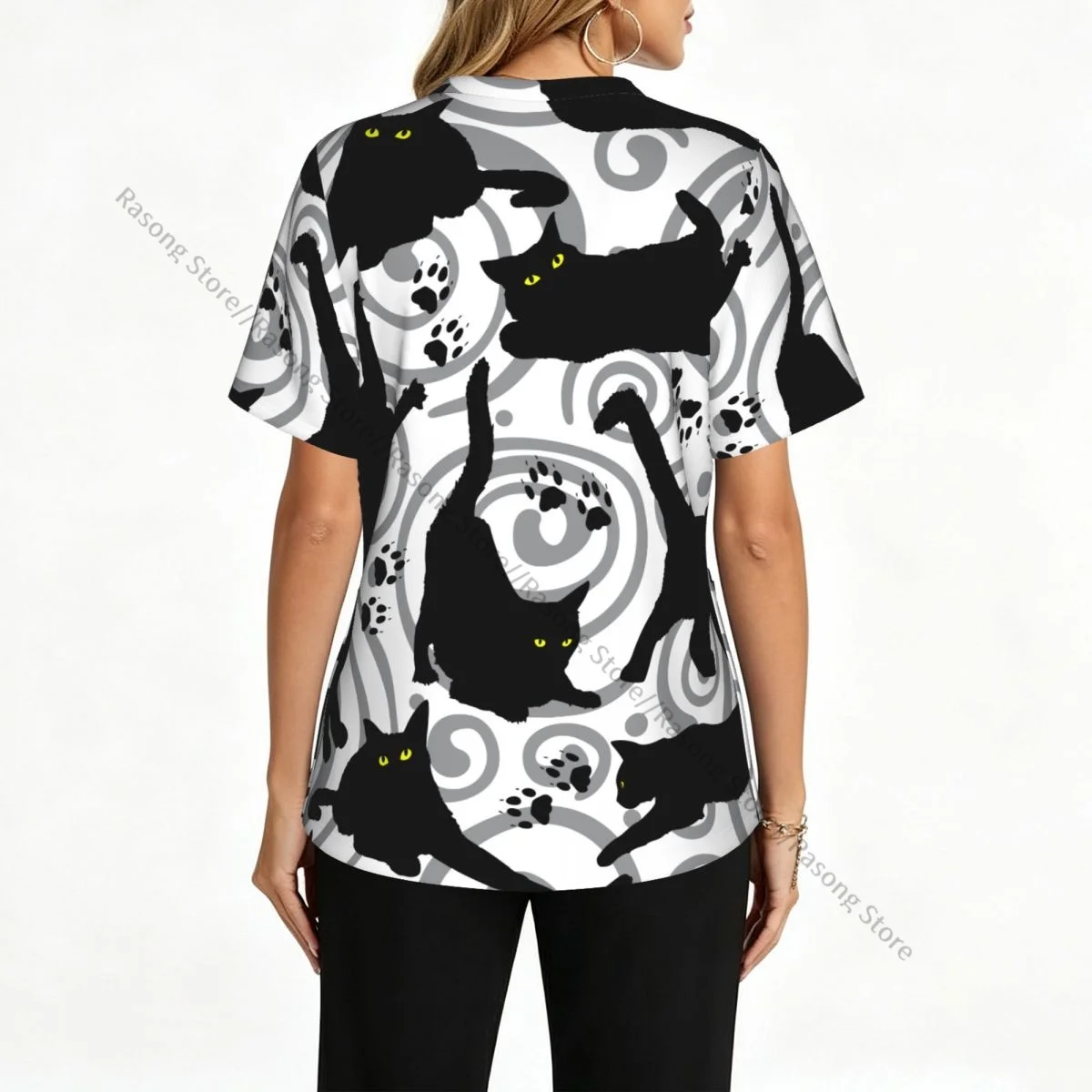 Women Scrubs Blouse Medical Nurse V-neck Clinical Scrubs Top Black Cat Pattern Operating Room Work T-shirt