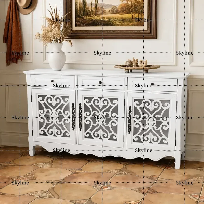 American Country White Porch Cabinet, Mediterranean Style Solid Wood Storage Sideboard for Living Room