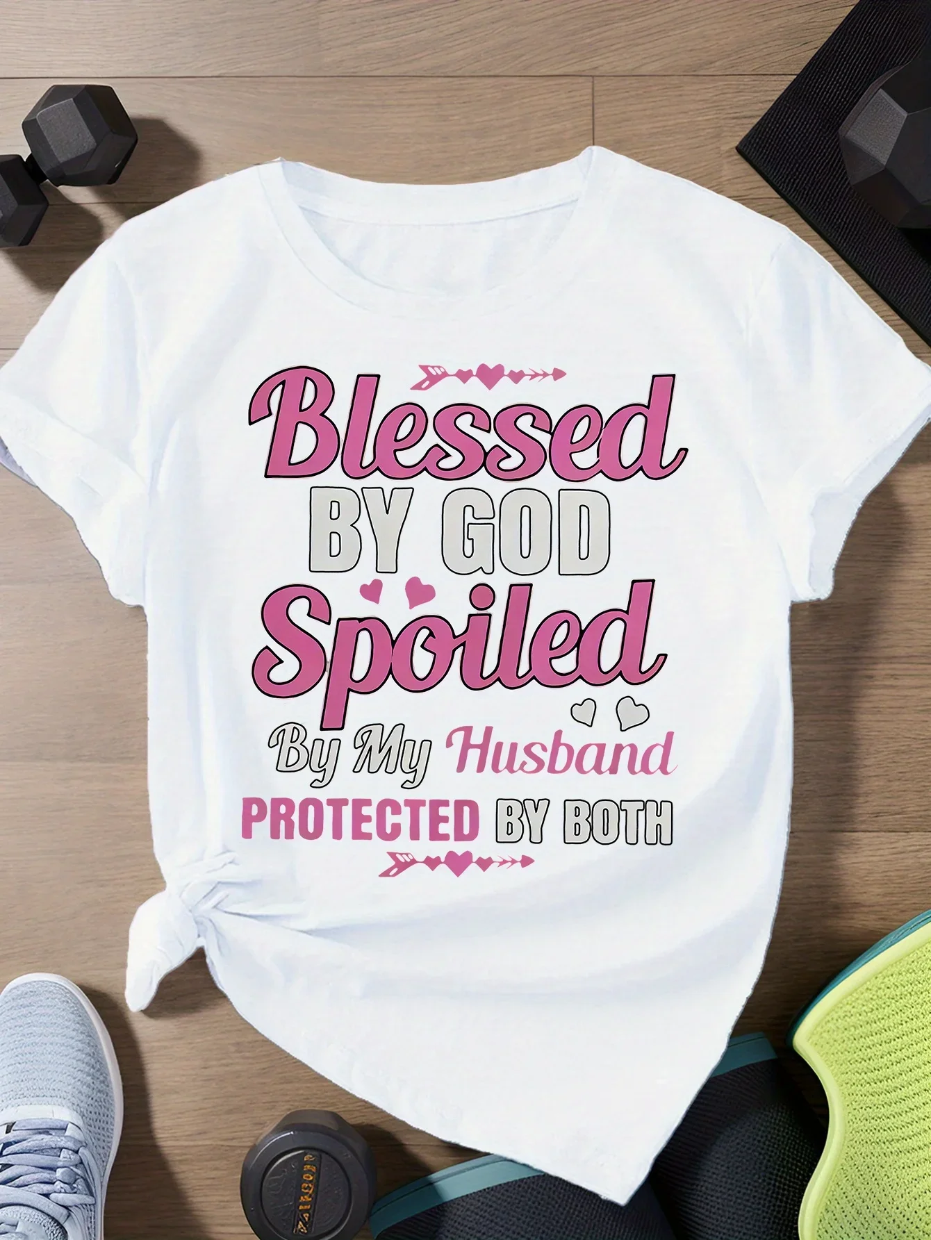 Blessed By God Spoiled By Husband Women's Tee, Pink Letter White Top