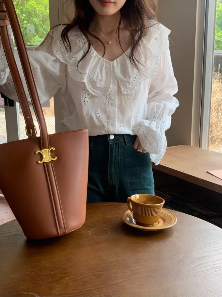 Autumn Shirt Top Women Korea Style Hollow Out Ruffle Ladies Blouses Flare Long Sleeve Fashion Casual Loose Woman Shirt Top 2023