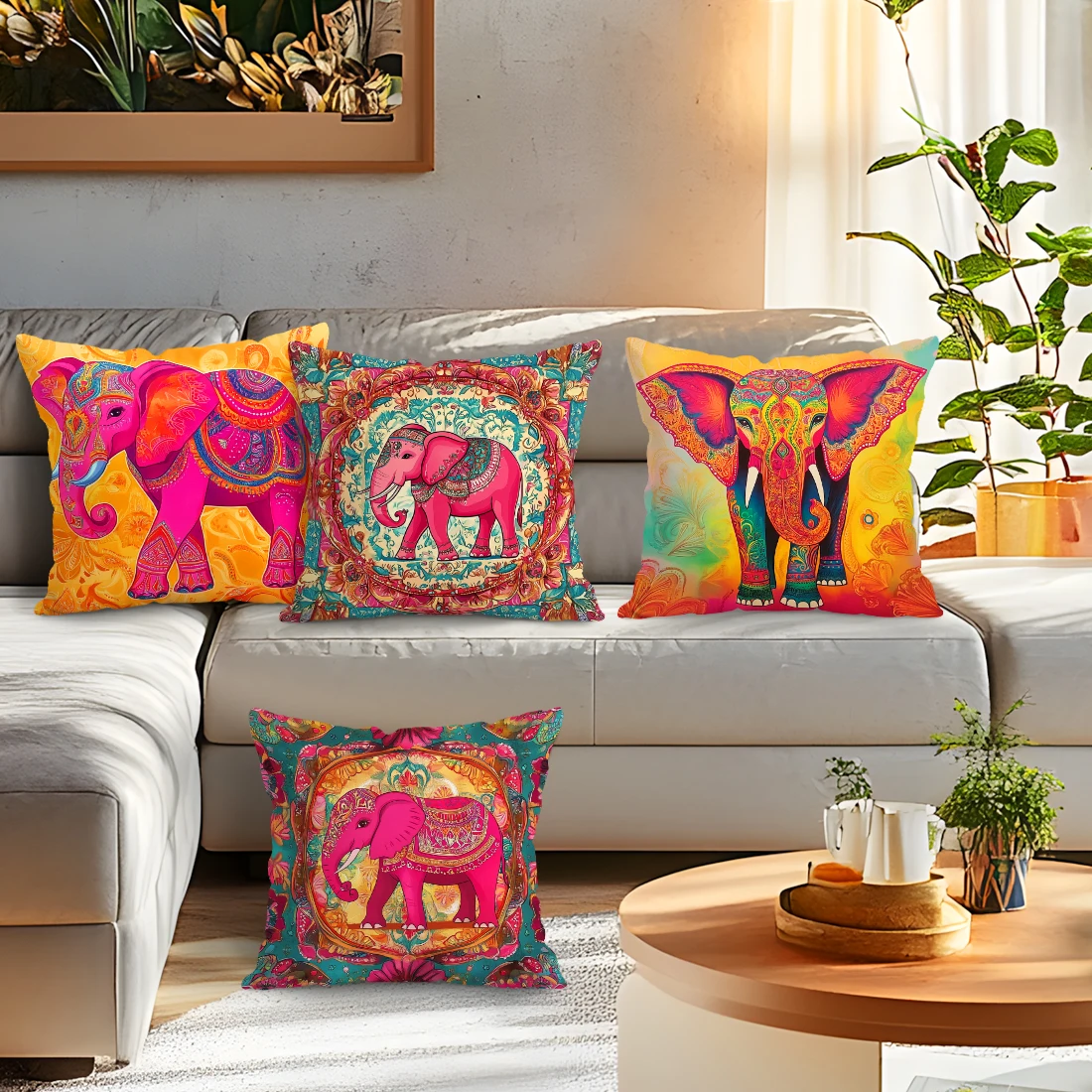 Elefantenkissen im indischen Stil, bedrucktes Polyester, 40/45/50 cm, Dekokissenbezug, Dekor, Sofakissen, Kissenbezug, Heimdekoration