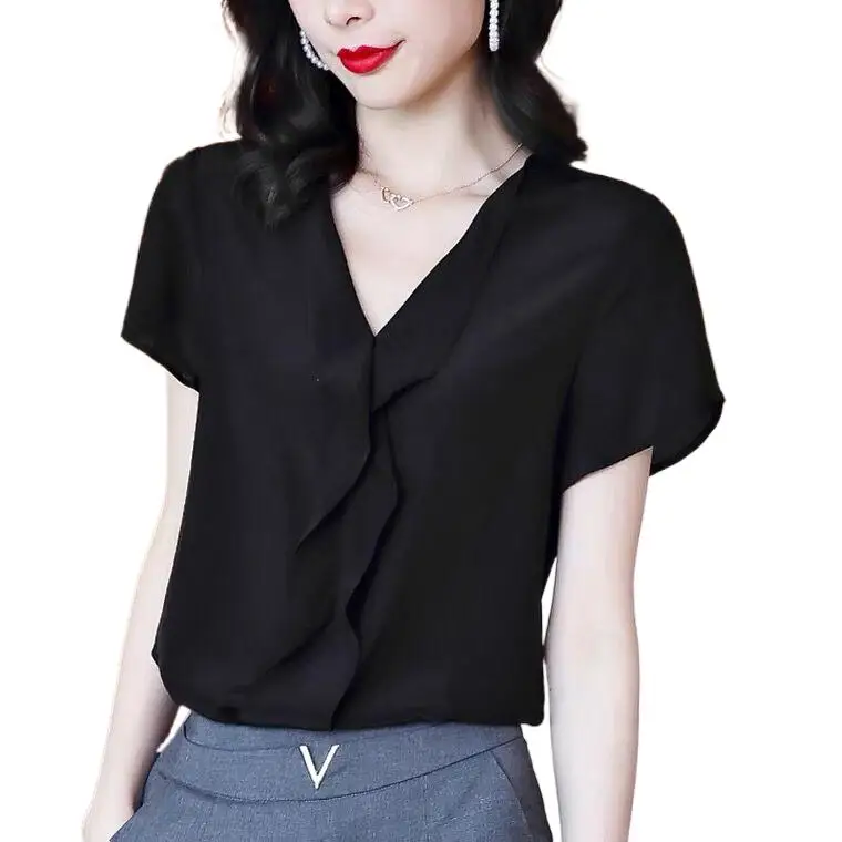 

Женская атласная блузка из искусственного шелка, с коротким рукавом и V-образным вырезом