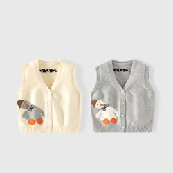 Primavera Autunno Bambine Maglieria lavorata a maglia Cartoon Duck Bowknot Gilet per bambina Colletto a V Orlo elastico Vita per ragazza per bambini